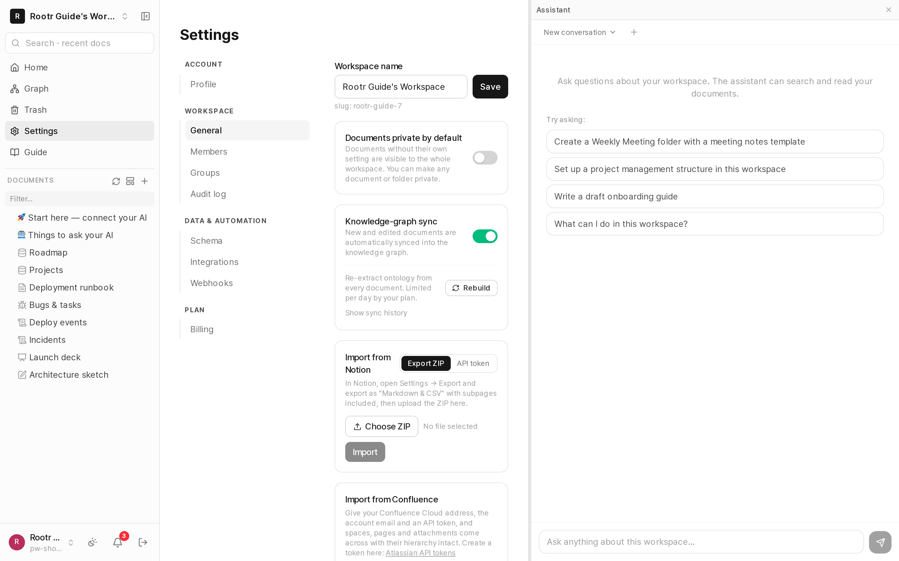 The settings screen for account switching, plans, and import.