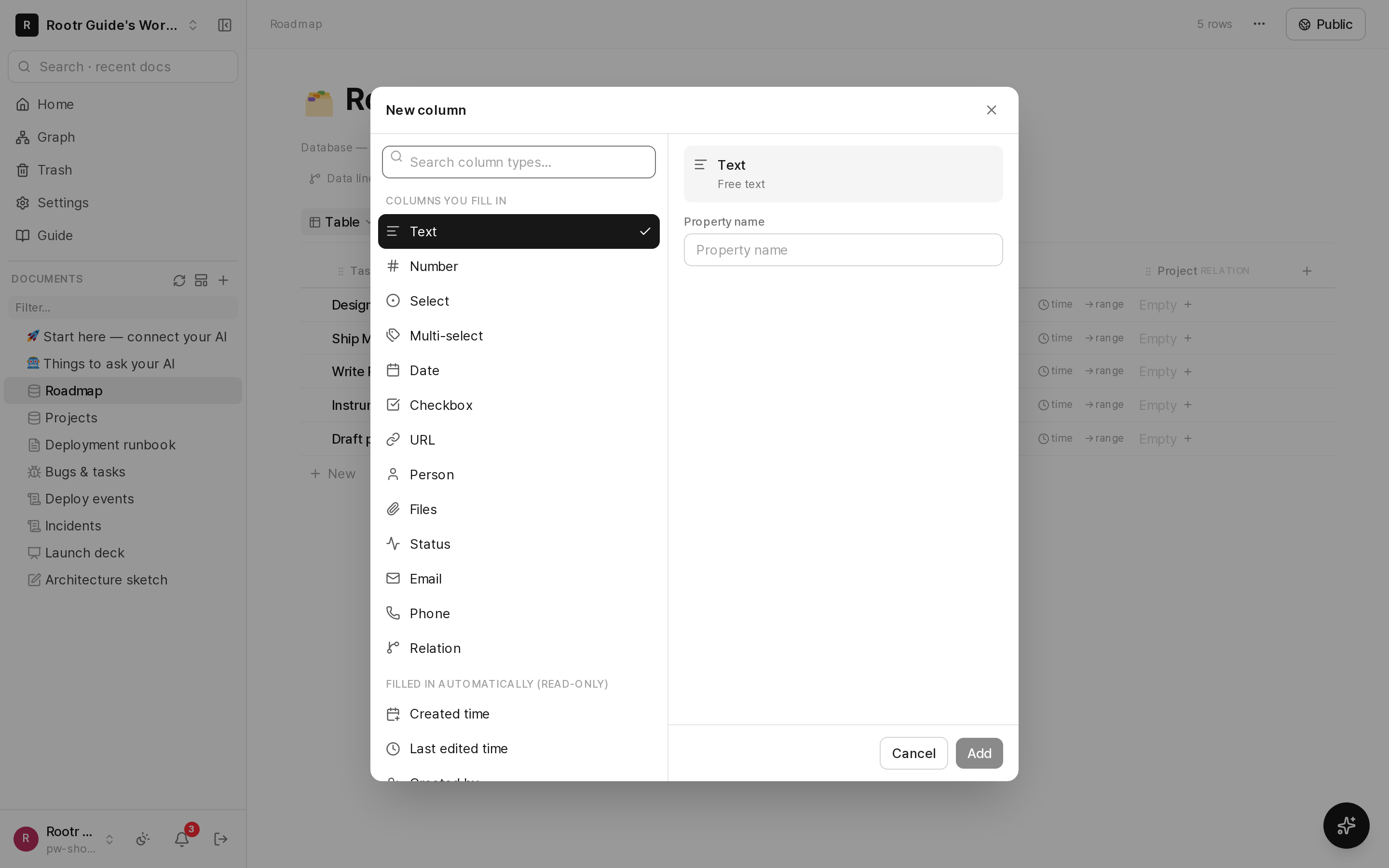 The new-column dialog: type list with icons and descriptions on the left, name and settings on the right.