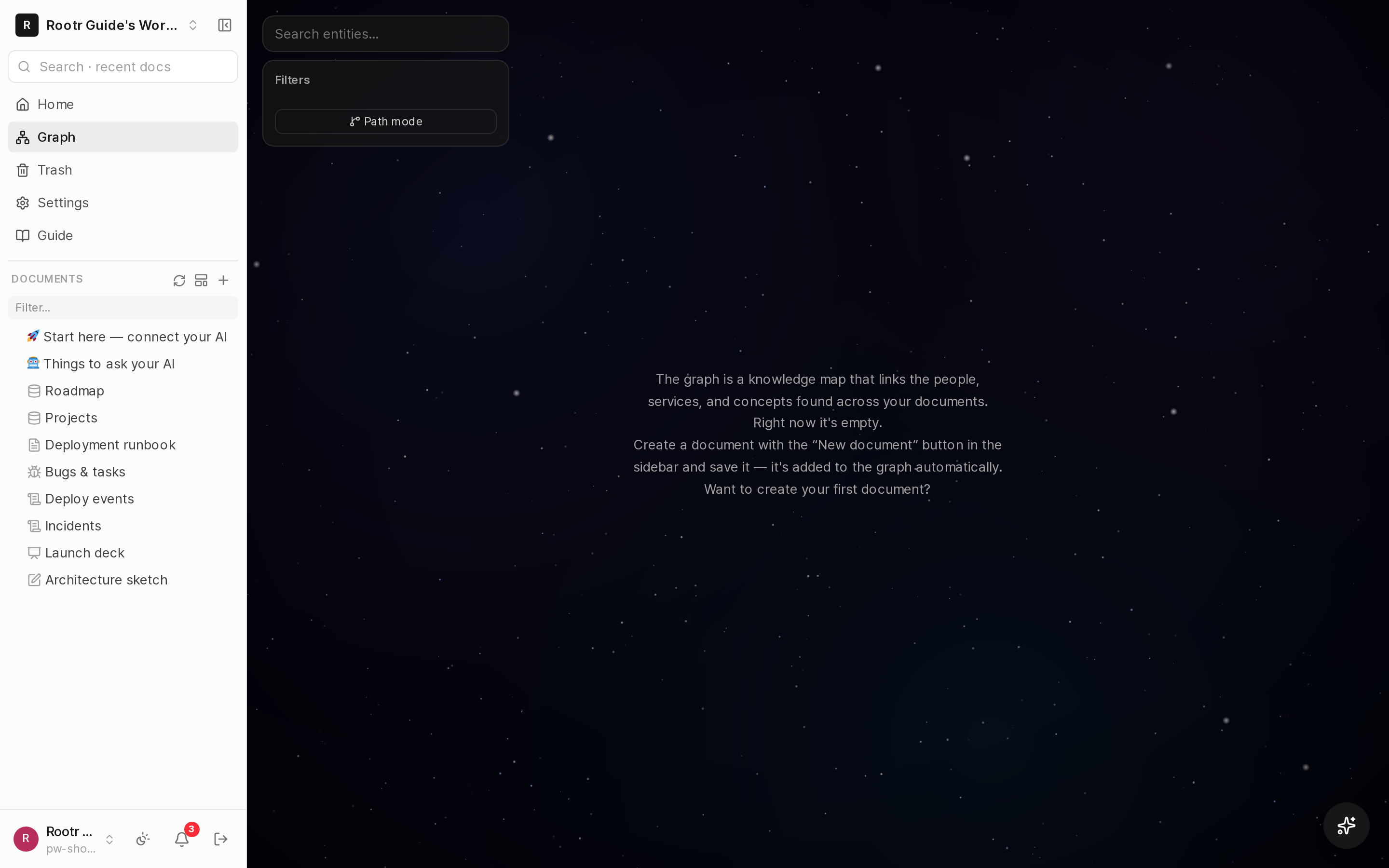 The knowledge-graph exploration screen. Things are connected as dots and relationships as lines.