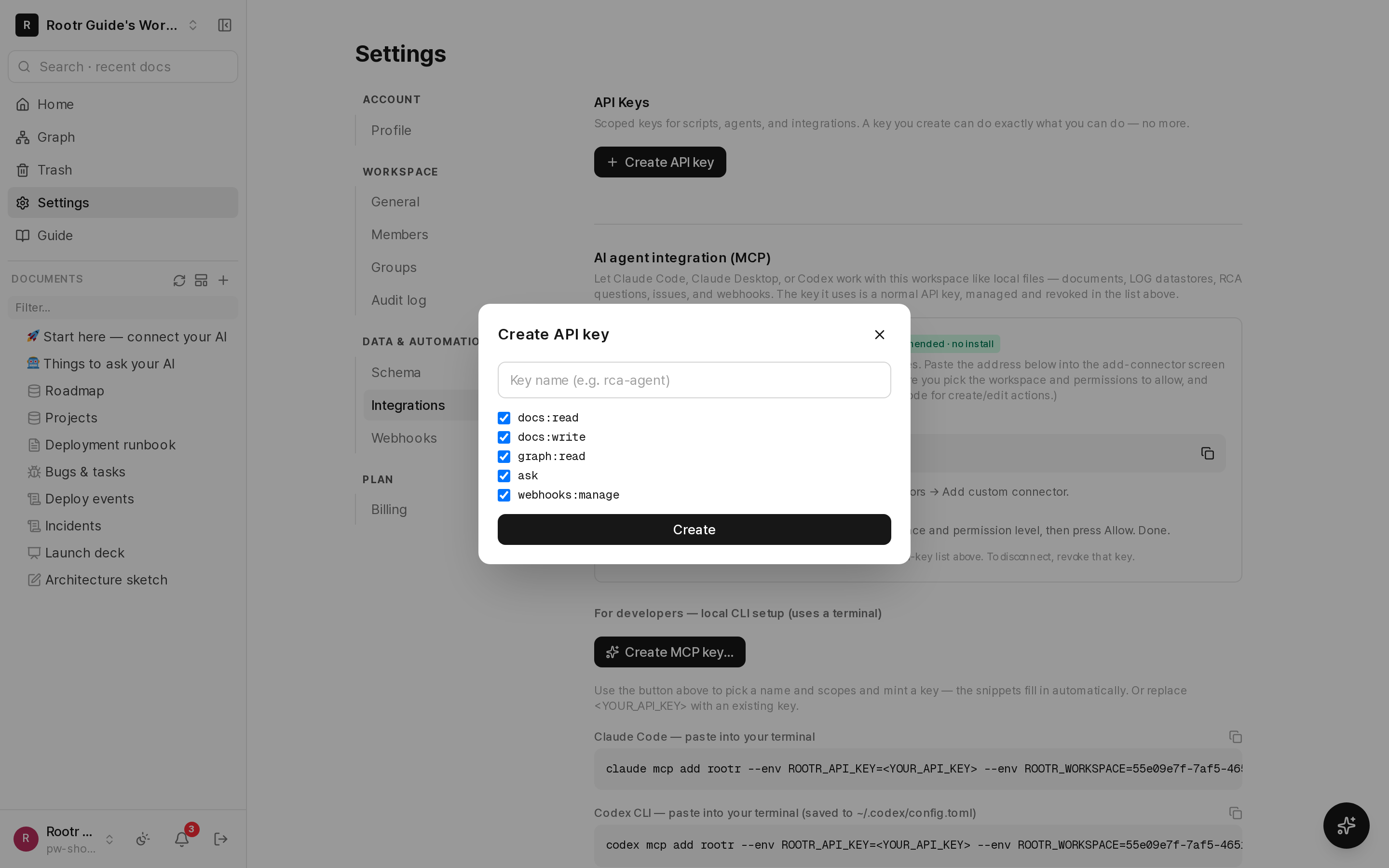 The one-click MCP integration screen in Settings → Integrations. It shows a copy-ready configuration with the issued key filled in, plus per-target copy buttons.