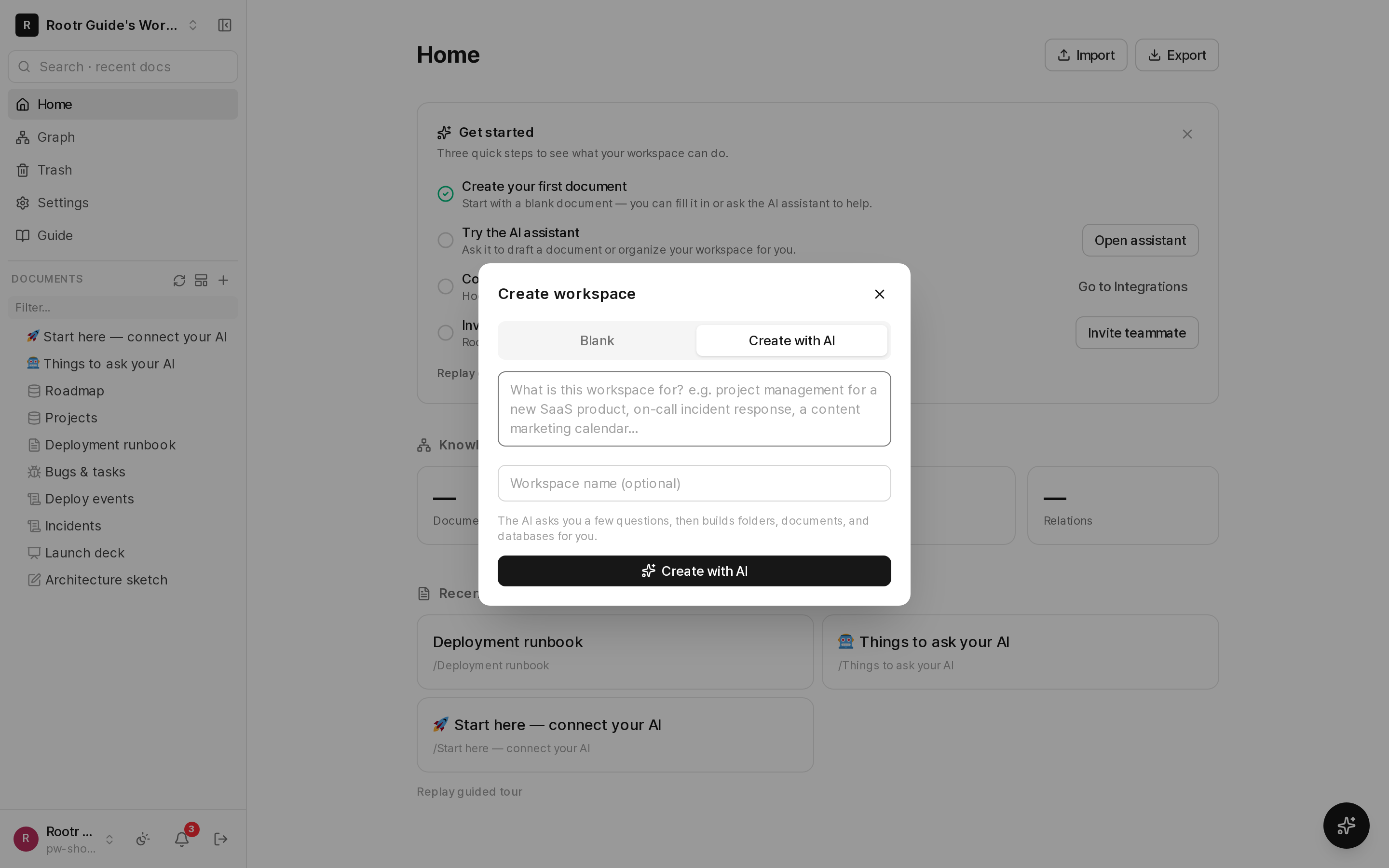 The "Create with AI" window. Write what you want to do as a sentence and it generates a workspace structure automatically.