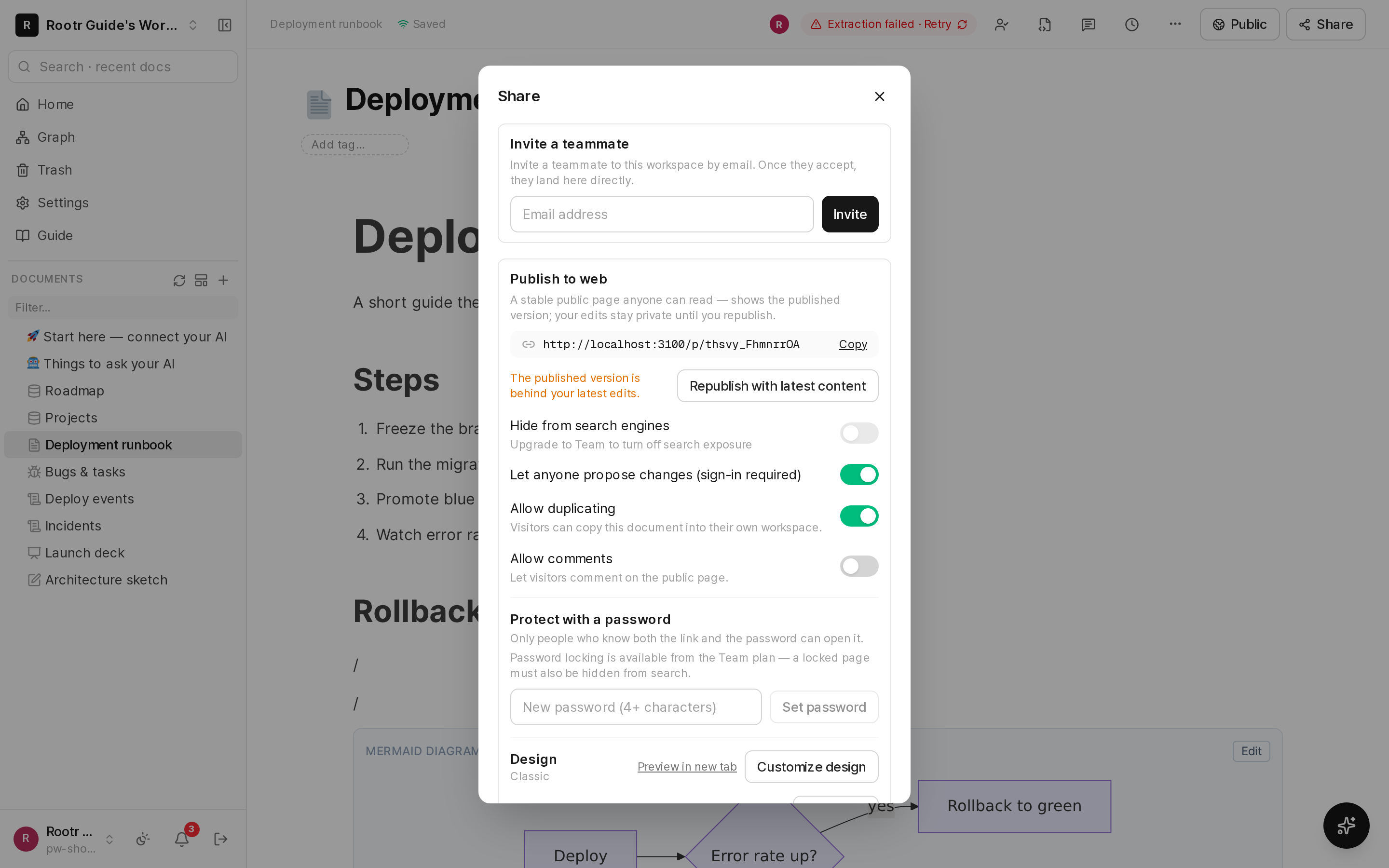 The share window, the "Invited people only" private switch, and the public publishing screen.
